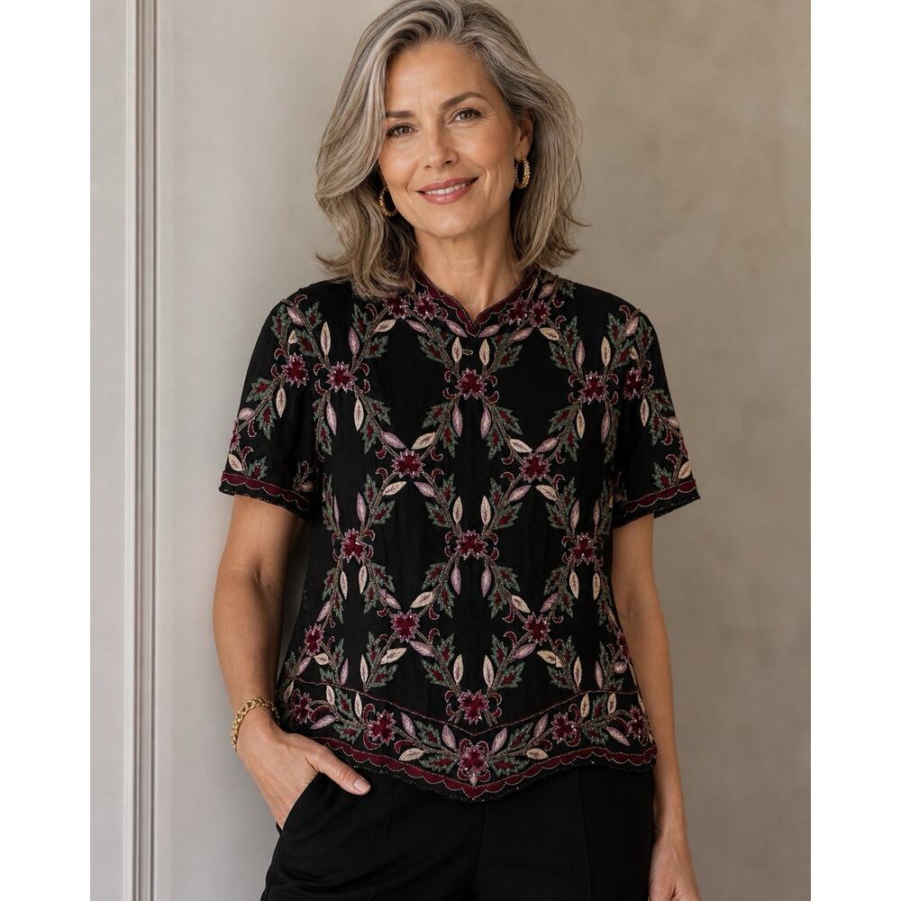 Adriana Papell Boutique Evening Floral Sequin Blouse 100% Silk Elegant Womens XL